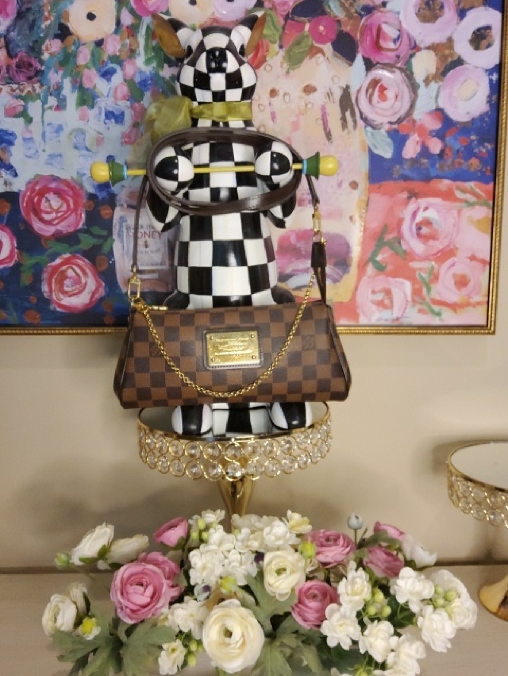 Louis Vuitton Brown Eva Damier Canvas Pouchette with Gold Chain